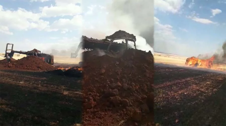 Anız yangını iş makinesini kül etti