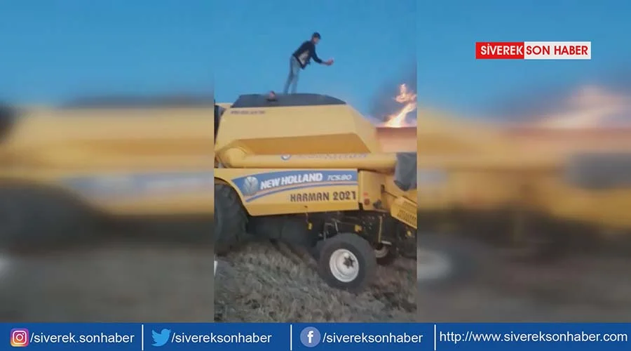 Hasat yapan biçerdöver alev aldı!