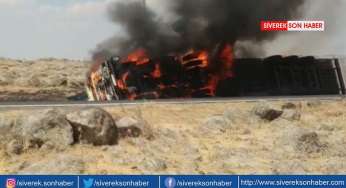 Şarampole devrilen tır alev aldı!