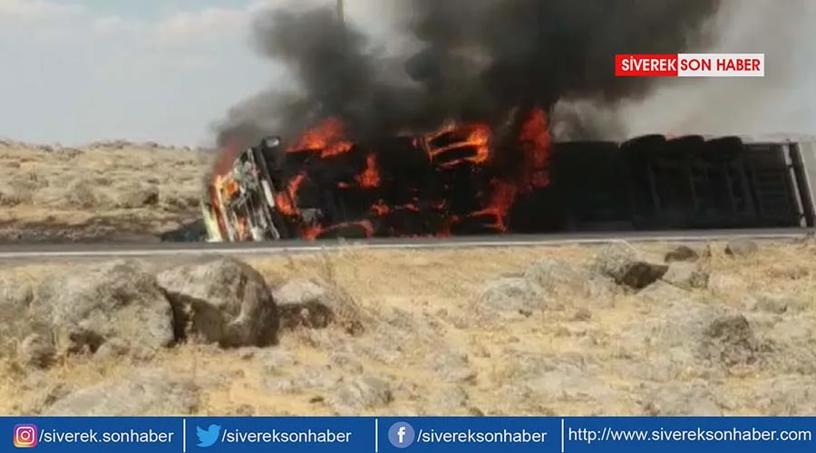 Şarampole devrilen tır alev aldı!