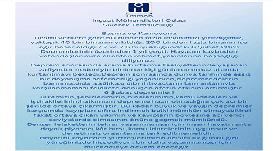 İMO Siverek temsilciliğinden 6 şubatla ilgili basın açıklaması