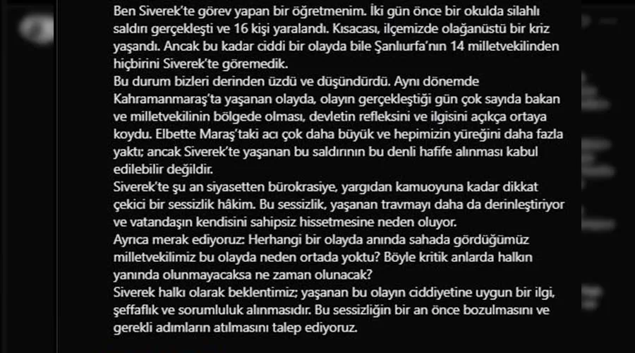 Siverek’teki saldırı sonrası öğretmenden milletvekillerine tepki